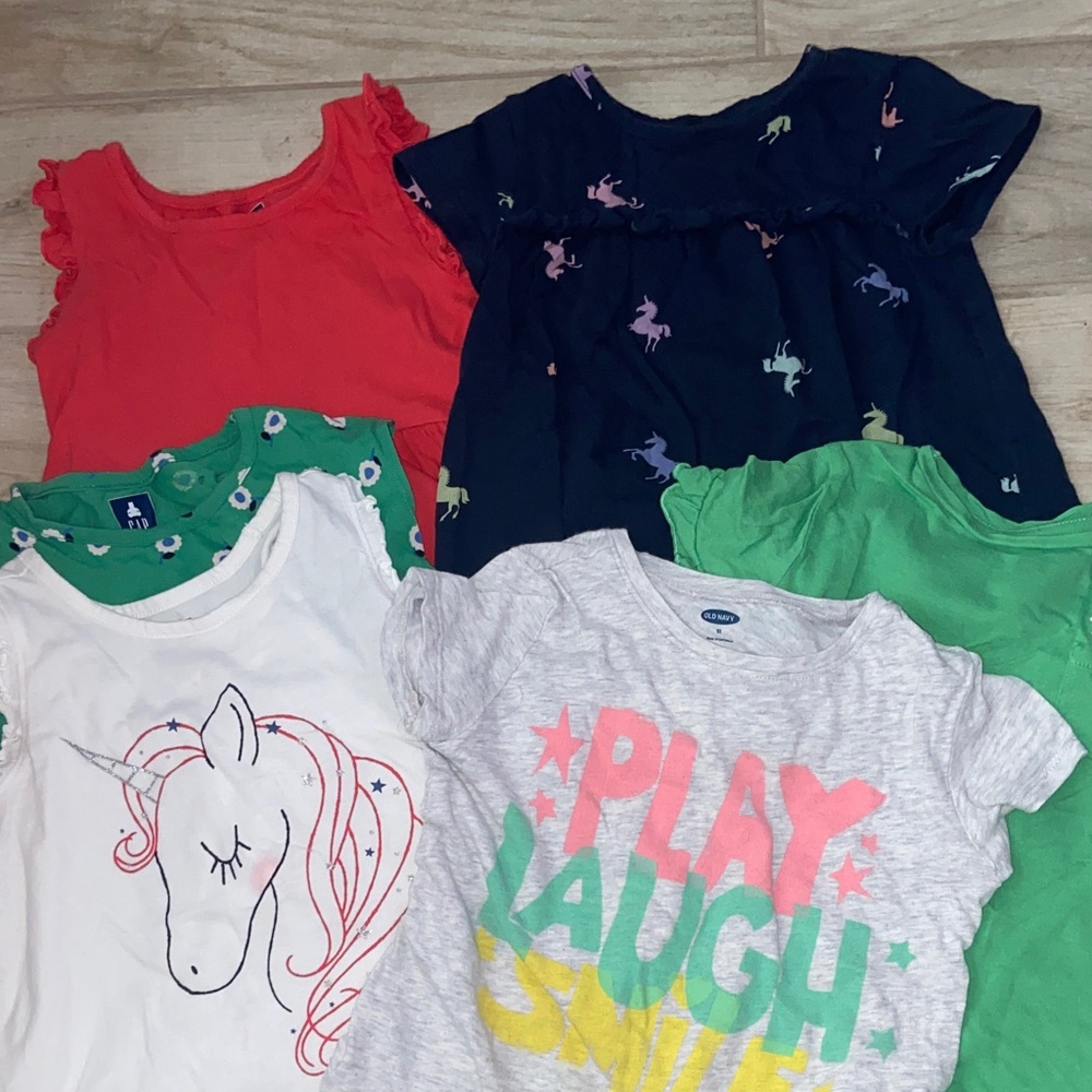 5T Girls' Navy Unicorn Play T Shirts Tees Bundle Coral Green White, Gray
